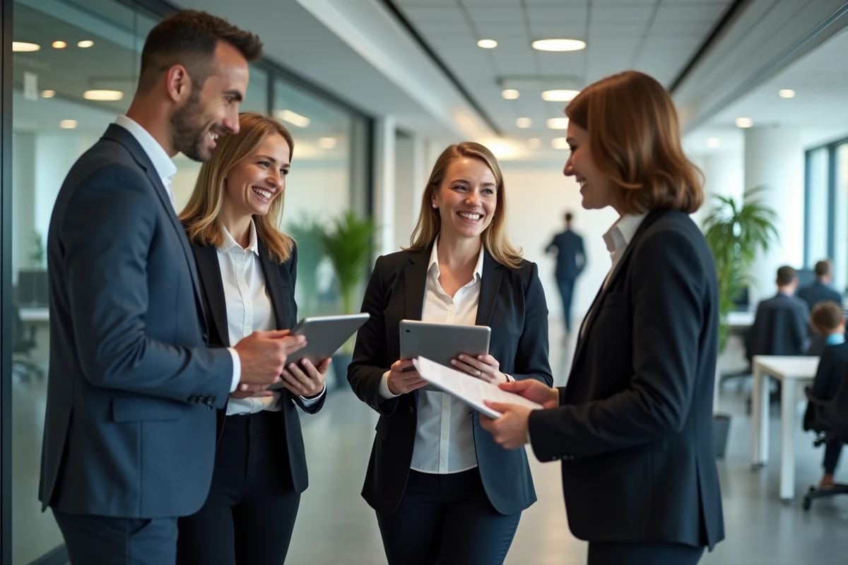 Trois représentants élus du personnel en discussion informelle autour d'un bureau debout dans un open space d'entreprise avant une réunion CSE