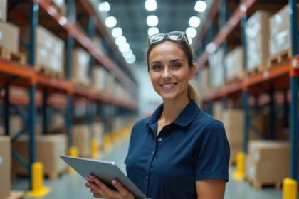 Responsable logistique tenant une tablette avec tableau de bord numérique dans un centre de distribution moderne