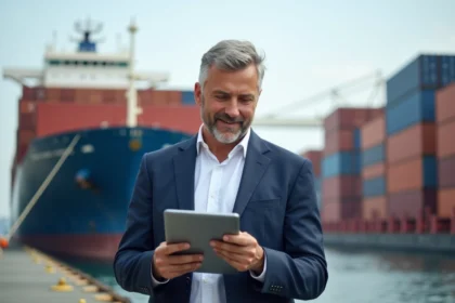 Manager portuaire en blazer sur port de conteneurs