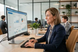 Responsable RH utilisant le logiciel MaBoxRH 2026 sur un écran ultrawide dans un bureau moderne et collaboratif