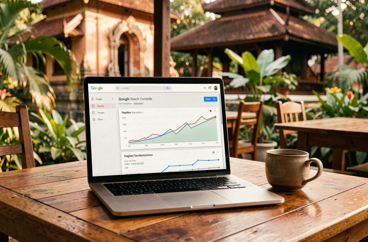 Écran d'ordinateur portable affichant des données Google Search Console pour une boutique e-commerce, sur une terrasse de café à Chiang Mai