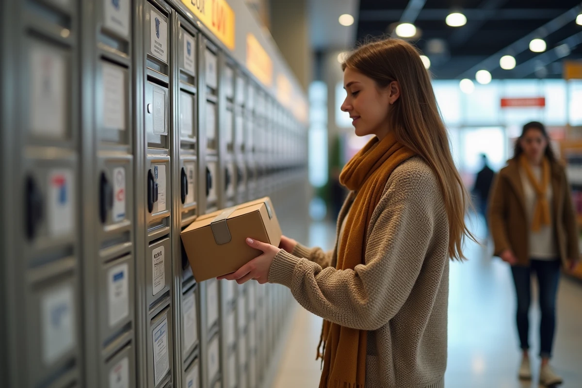Jeune femme déposant un colis dans un casier de retrait en magasin