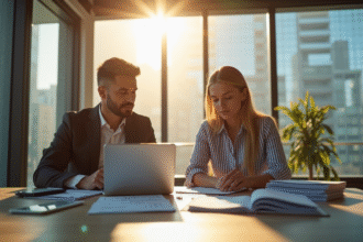 Réunion d'affaires dans un bureau moderne avec documents économies d énergie