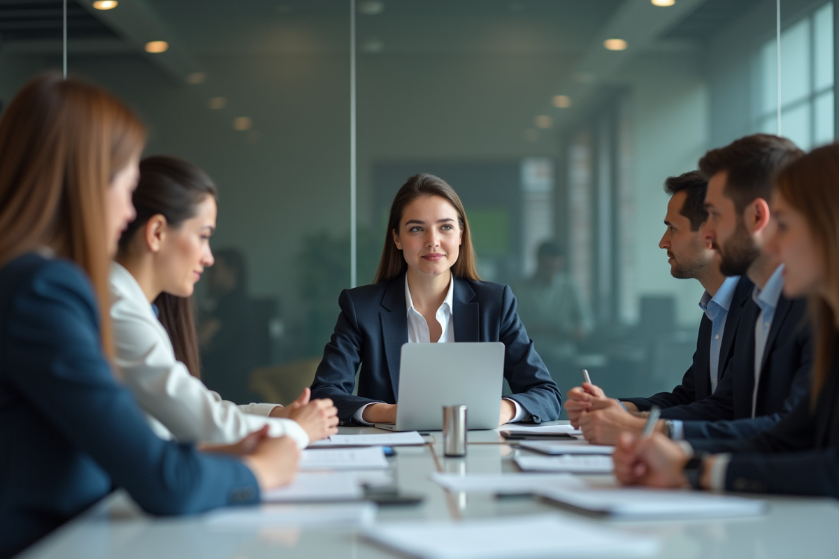 Jeune comptable en réunion avec collègues dans une salle moderne