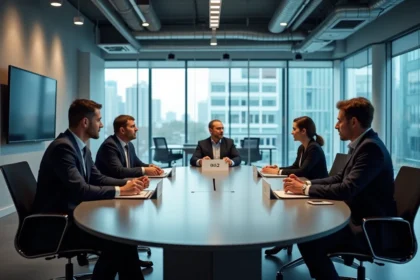 Réunion formelle du comité social et économique dans une salle de conférence moderne avec des représentants syndicaux et des membres élus autour d'une table ovale