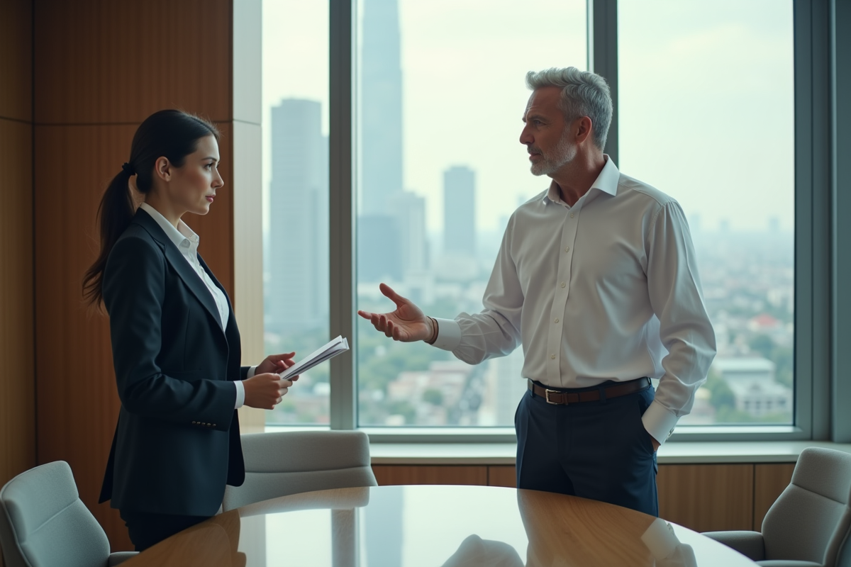 Homme en réunion avec une collègue dans une salle de conférence