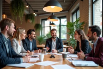 Réunion collaborative de professionnels de l'économie sociale et solidaire autour d'une table dans un espace de co-working à Toulouse
