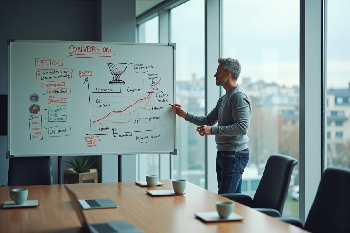 Directeur marketing debout devant un tableau blanc annoté de schémas d'erreurs de campagnes digitales lors d'une réunion stratégique à Paris
