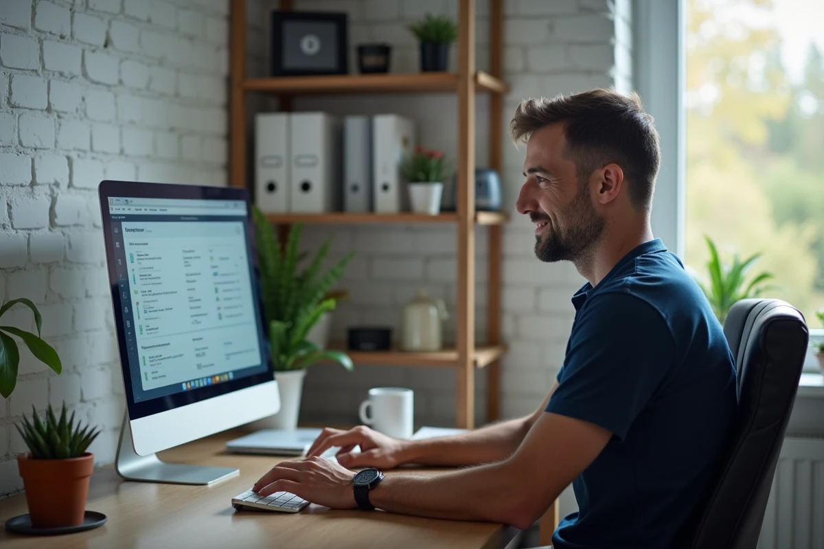 Salarié accédant à ses bulletins de paie en ligne depuis son bureau à domicile via MyPeopleDoc