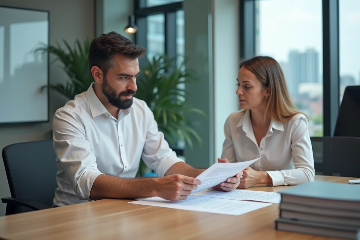 Salarié et responsable RH examinant un contrat de travail en salle de réunion