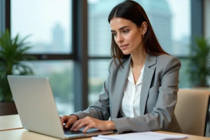 Salariée consultant son coffre-fort numérique RH sur un ordinateur portable dans un bureau moderne