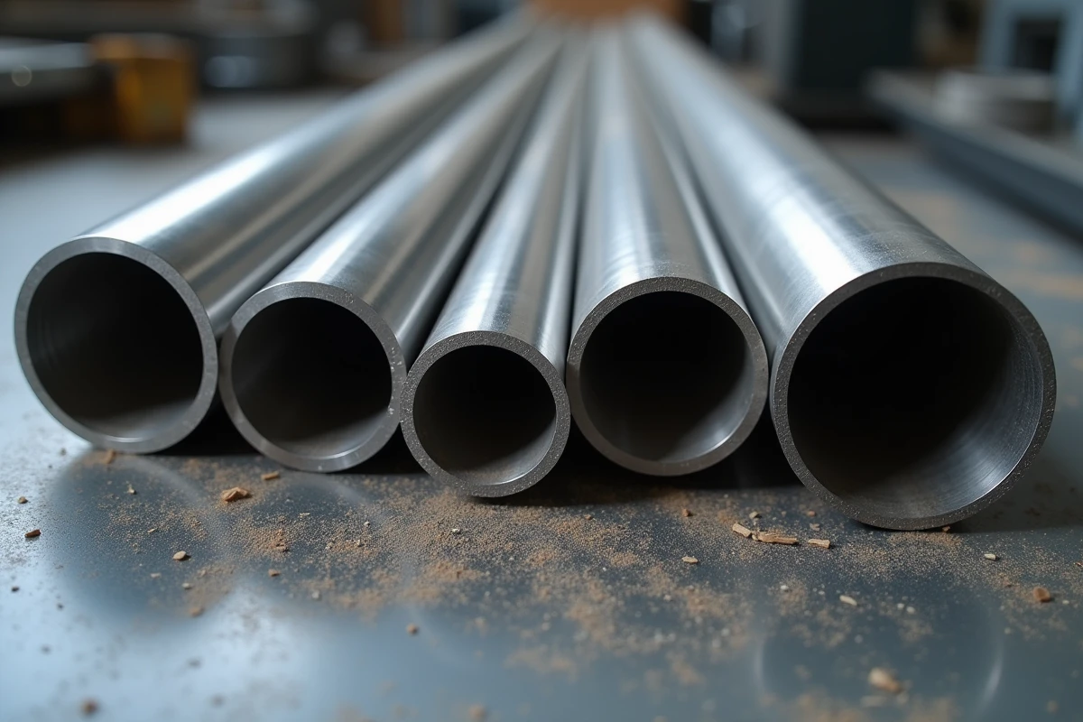 Sections transversales de tubes inox de différents diamètres et épaisseurs alignées sur un établi en béton