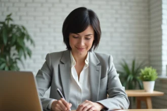 Femme utilisant un simulateur de fin de contrat CDD sur un ordinateur portable dans un bureau à domicile