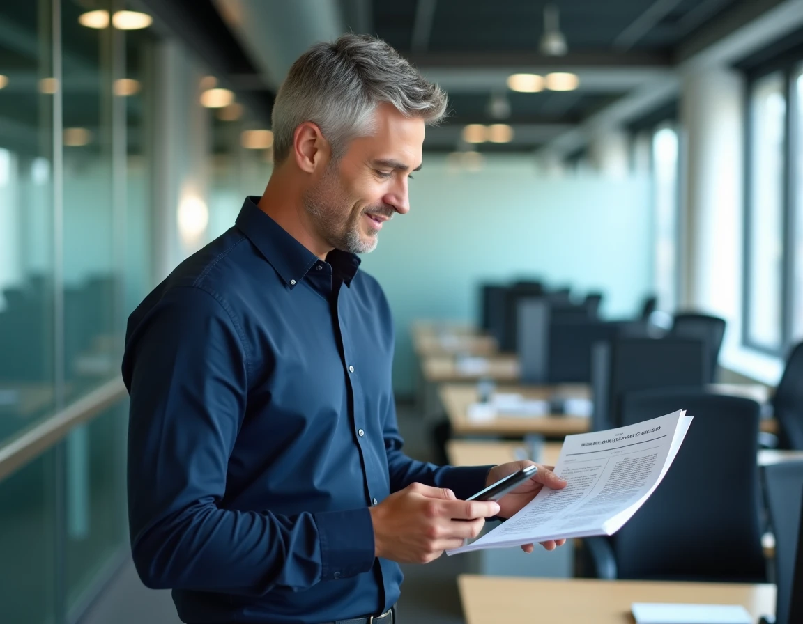 Homme consultant un simulateur de prime de fin de CDD sur smartphone avec des documents de contrat de travail