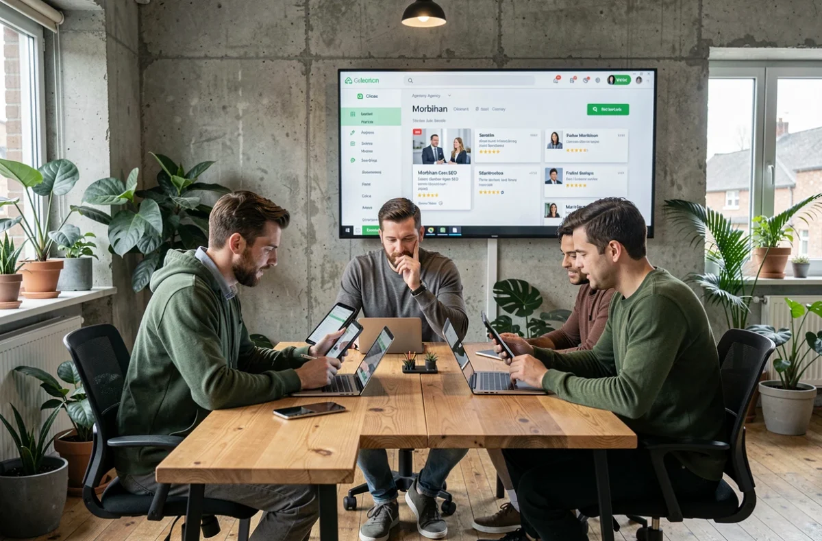 Consultants SEO naviguant sur la plateforme Sortlist pour trouver des prestataires SEO locaux dans le Morbihan
