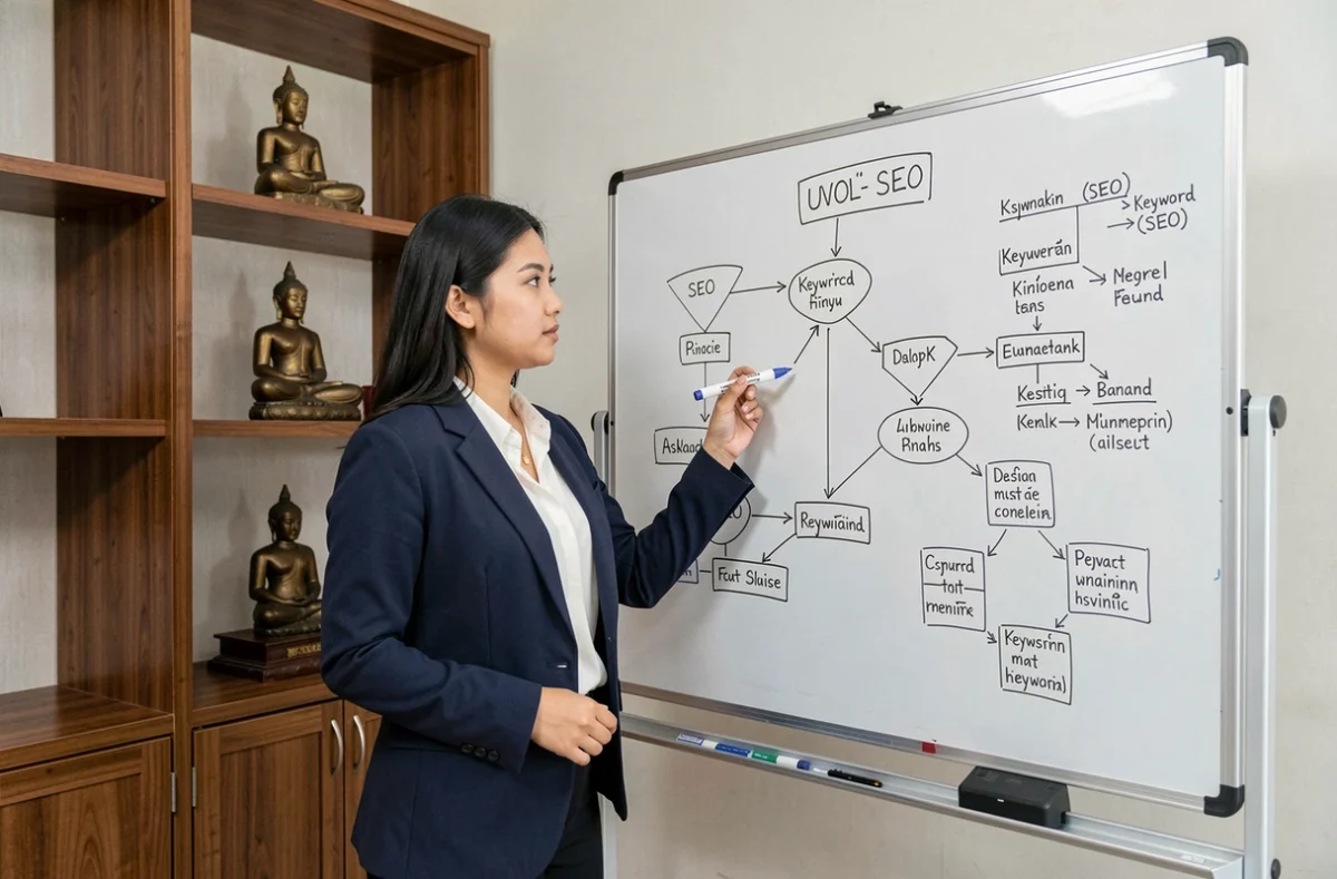 Experte en référencement naturel présentant une stratégie SEO e-commerce sur tableau blanc dans un bureau à Chiang Mai