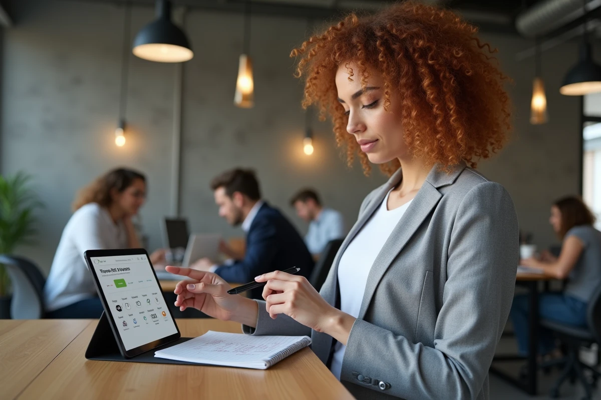 Jeune femme consultant une application de suivi du temps de travail pour calculer les heures mensuelles légales