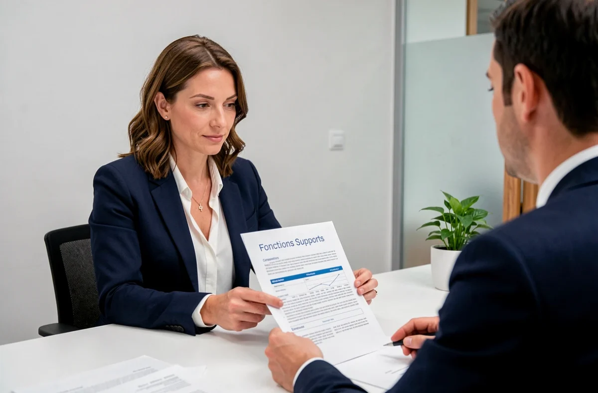 Consultante en recrutement spécialisée fonctions supports recevant un candidat dans un bureau moderne et minimaliste