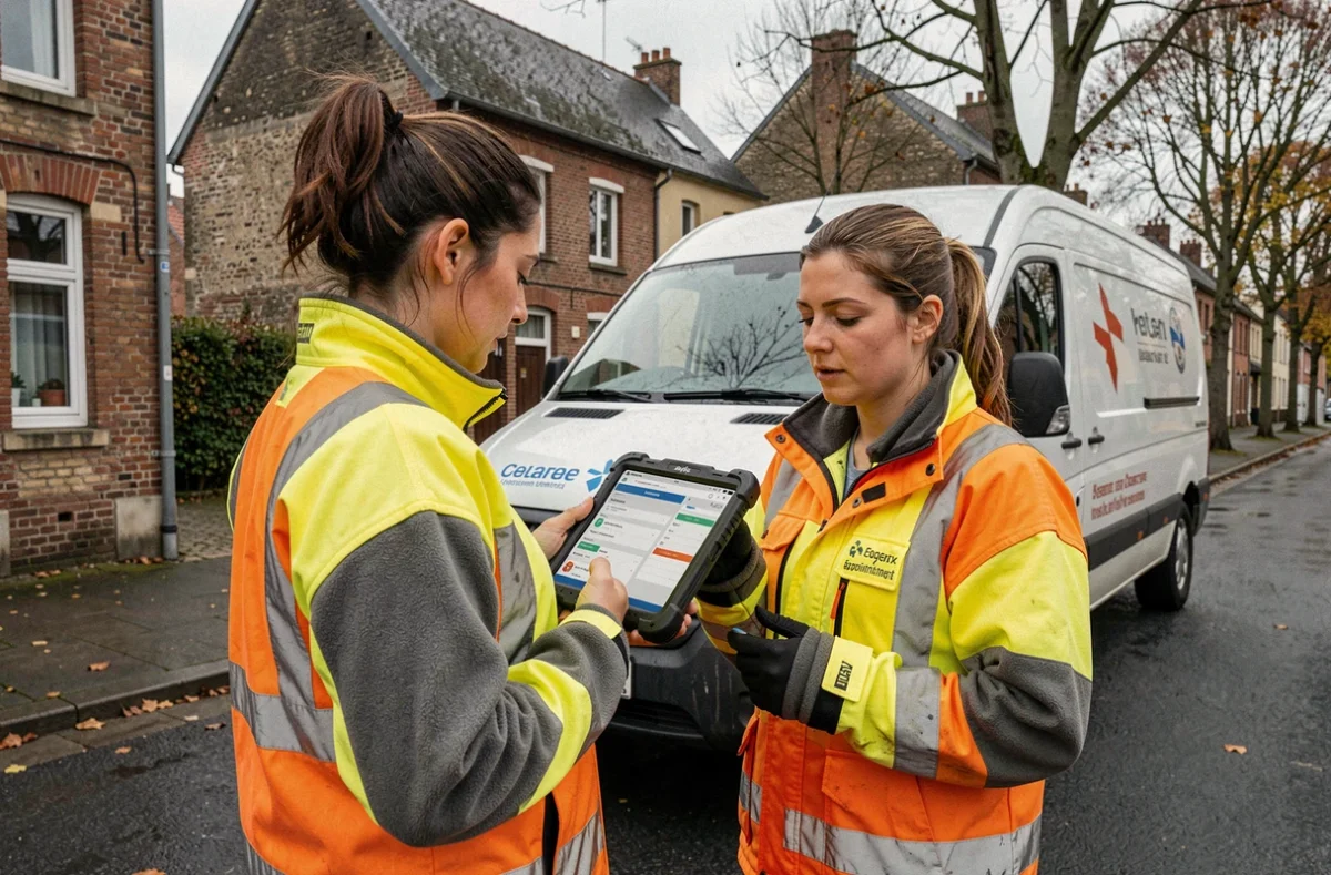 Technicienne de terrain consultant le planning d'intervention sur tablette via Agendis 62 dans une commune du Pas-de-Calais