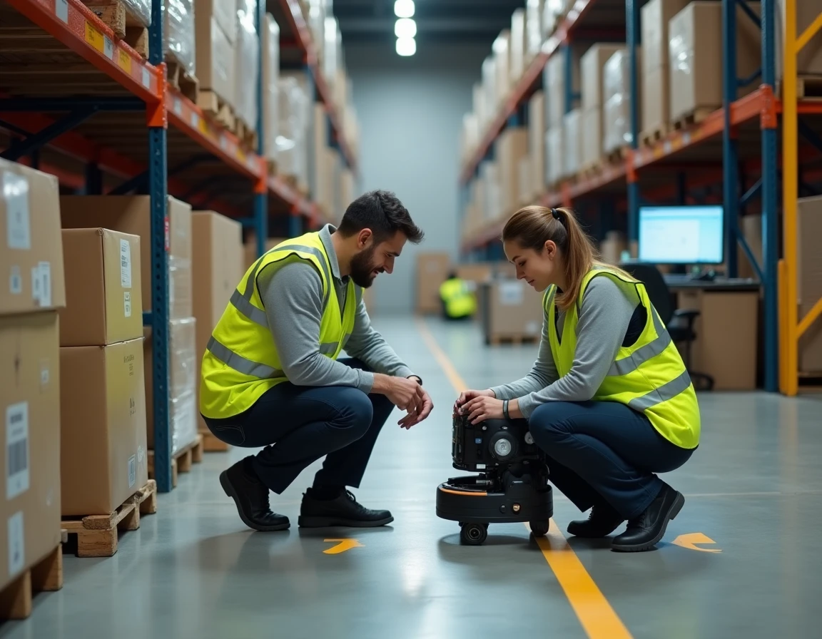 Deux techniciens d'entrepôt collaborant avec un robot mobile autonome lors de la numérisation de palettes