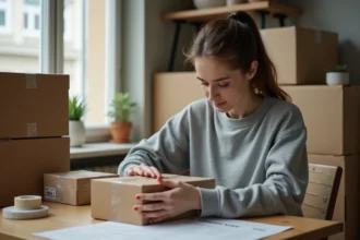 Femme travaillant à domicile en emballage de colis dans une cuisine modeste, entourée de cartons et matériaux d'emballage