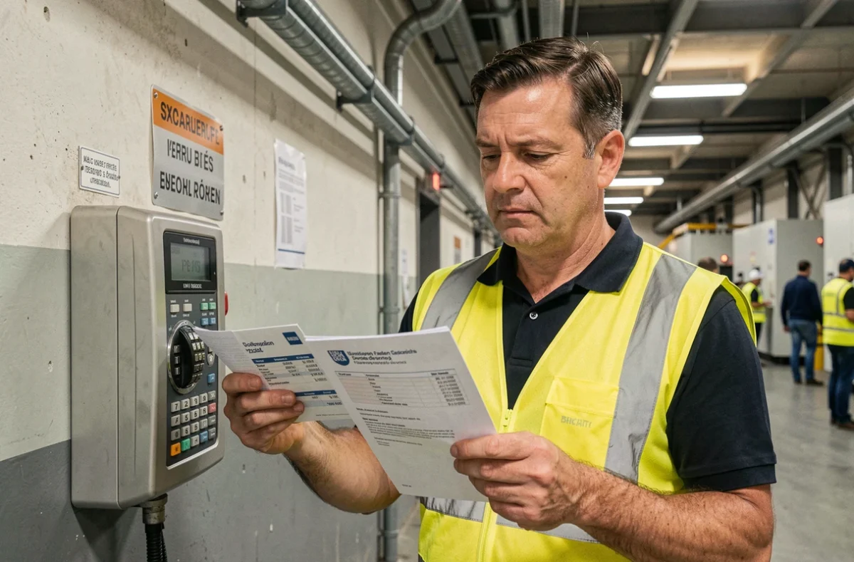 Travailleur posté en 2x8 comparant sa fiche de paie et une convention collective dans un couloir d'usine