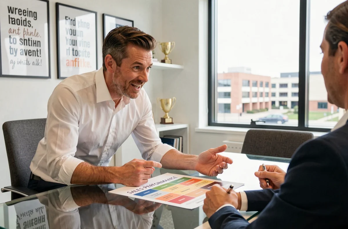 Consultant spécialisé en recrutement commercial en session d'évaluation de vendeur avec un candidat dynamique