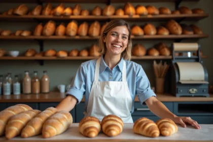 Vendeuse en boulangerie souriante derrière le comptoir servant un client dans une boulangerie traditionnelle française