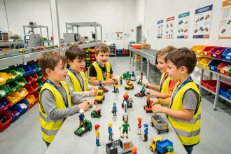 Groupe d'enfants en visite pédagogique dans une usine Playmobil, portant des gilets de sécurité et observant des figurines en cours de fabrication
