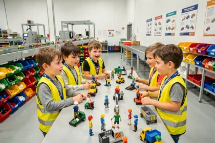 Groupe d'enfants en visite pédagogique dans une usine Playmobil, portant des gilets de sécurité et observant des figurines en cours de fabrication